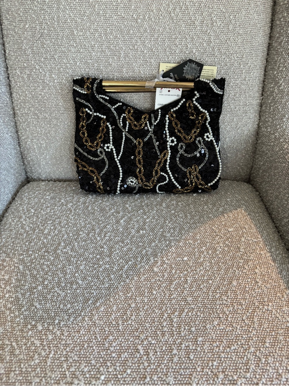 Black Sequin Embellished Evening Clutch with Gold Handle